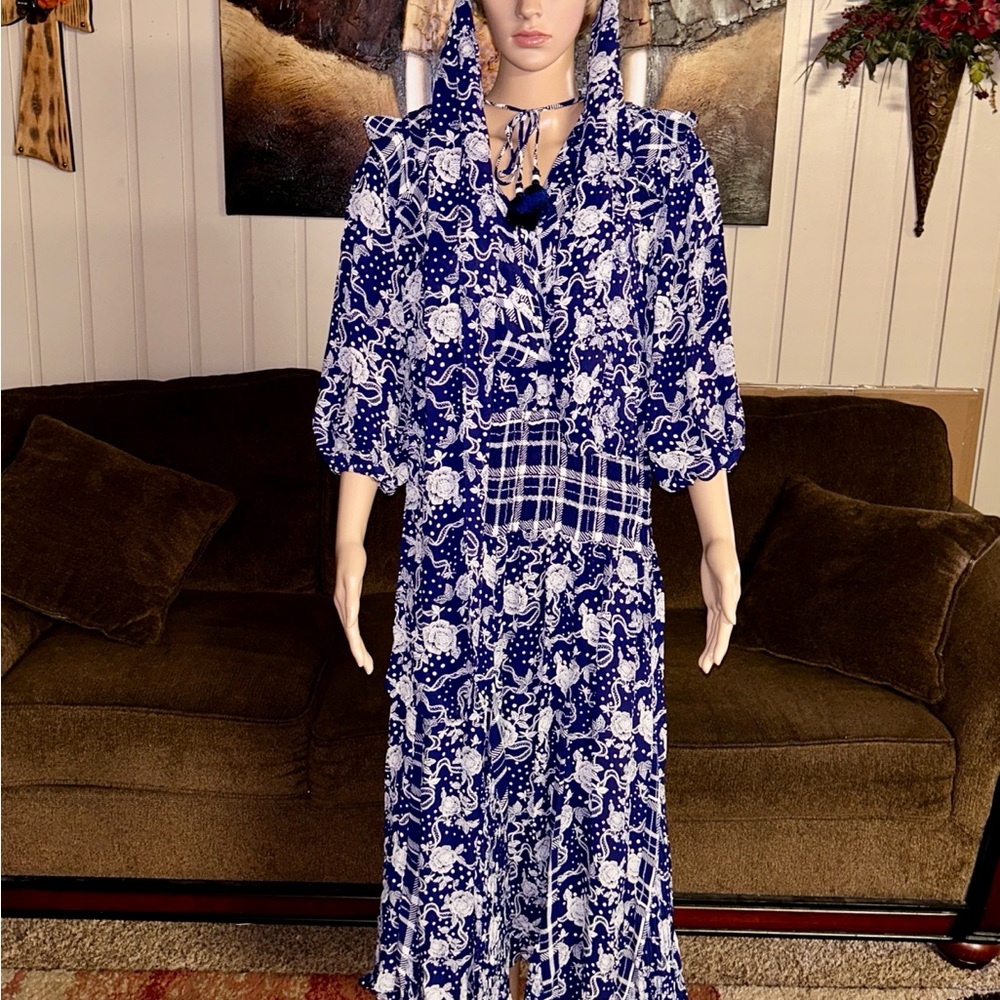 Diane Freis ~ Large ~ Vintage ~ Blue/White • Floral W/ Ruffles & Tie Boho Dress - Picture 3 of 16